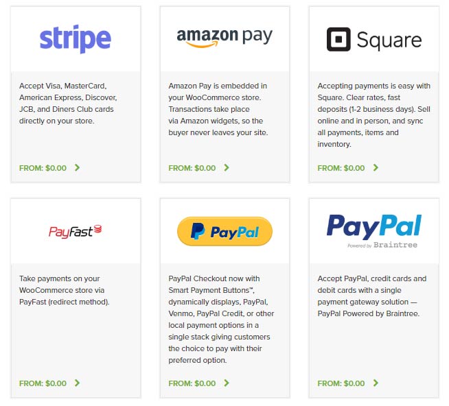 You can install Stripe, Amazon Pay, Square and PayPal at no cost.