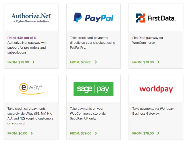 If you’re using PayPal Pro, First Data, Sage Pay or Worldpay, you will have to spend $79 for each extension.