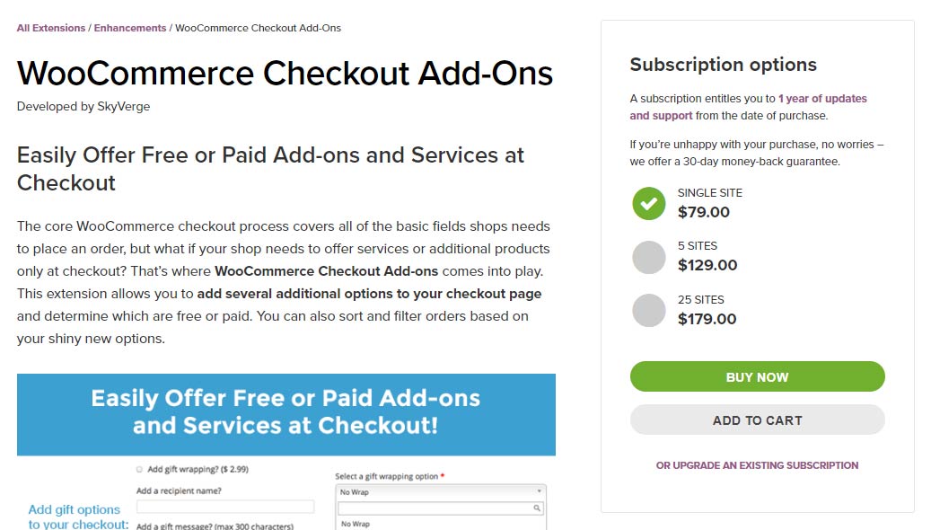 The WooCommerce Checkout Add-Ons ($79) presents customers with relevant products before they finish their transactions.