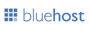 Bluehost logo in blue lettering with block icon to the left.