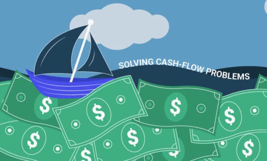 Image of a sailboat navigating through a sea of dollar bills with the words “Solving Cash-Flow Problems” next to it