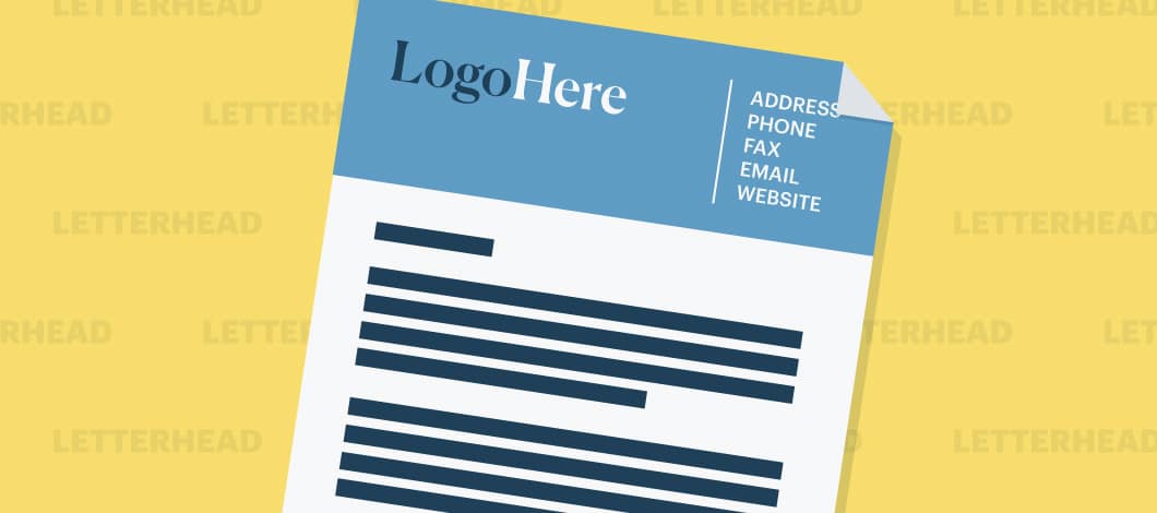 An illustration of a company letterhead with space for a company logo on the left and company information on the right against a blue background.
