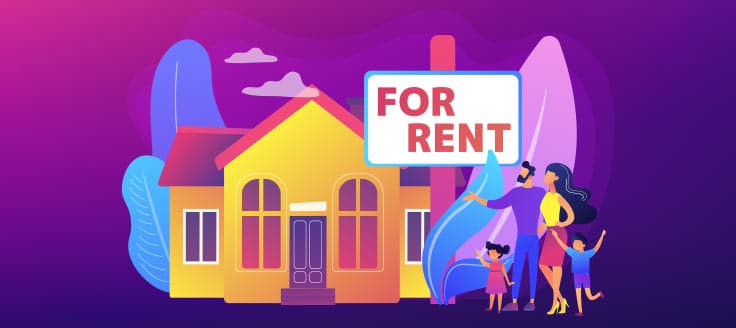 A family stands in front of a house with a “For rent” sign. Tenant screening services can help landlords make good decisions about potential renters.