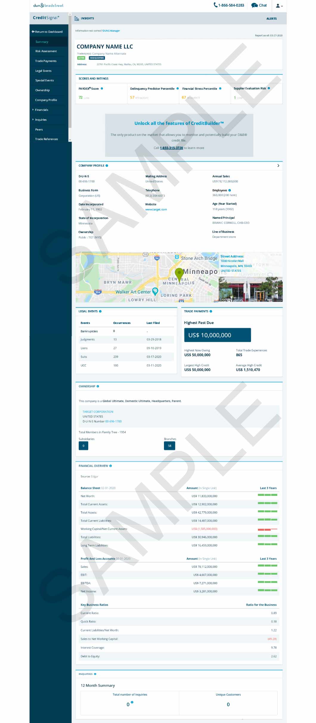 Sample Dun & Bradstreet credit report showing a score, company profile, ownership information, financial overview and legal events.