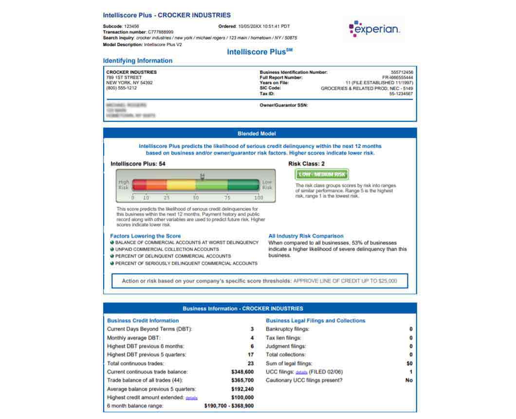 Experian Intelliscore business credit report listing company details, risks and ratings and ownership information.
