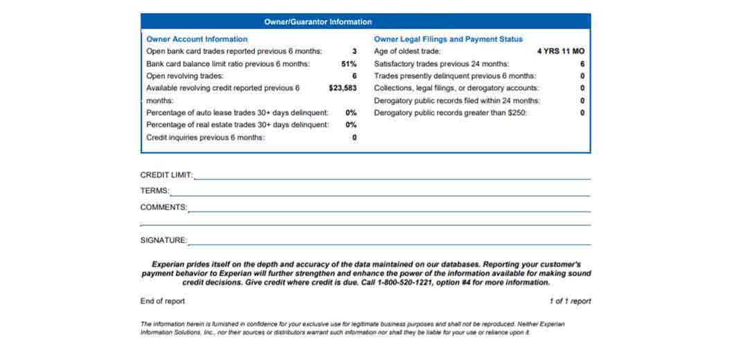 Experian Intelliscore business credit report listing company details, risks and ratings and ownership information.