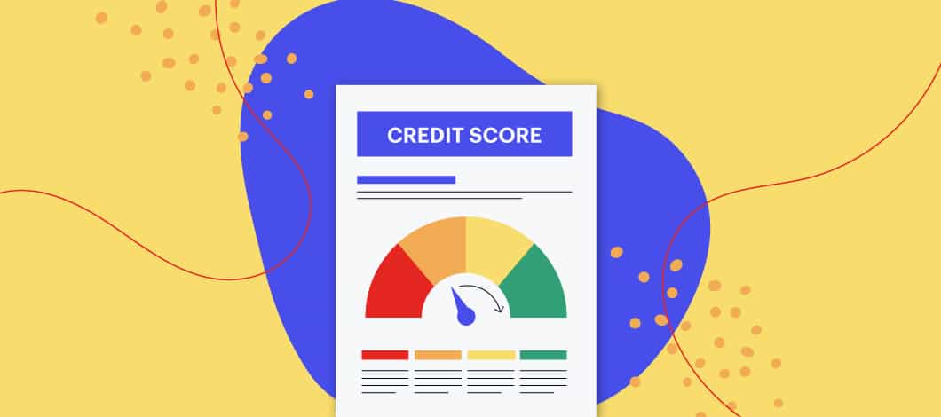 Yellow background with graphic of a credit score report in the center