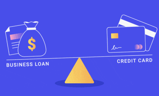 Moving image of a scale moving up and down with images to illustrate a business loan on one side and credit cards on the other