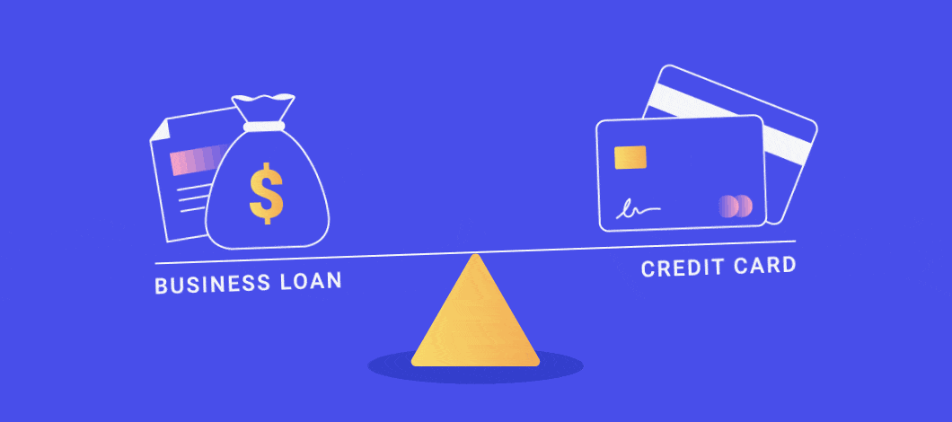 Moving image of a scale moving up and down with images to illustrate a business loan on one side and credit cards on the other