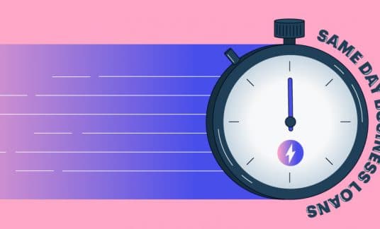Pink and blue background with a stopwatch with a lightning bolt graphic and the words “same day business loans”