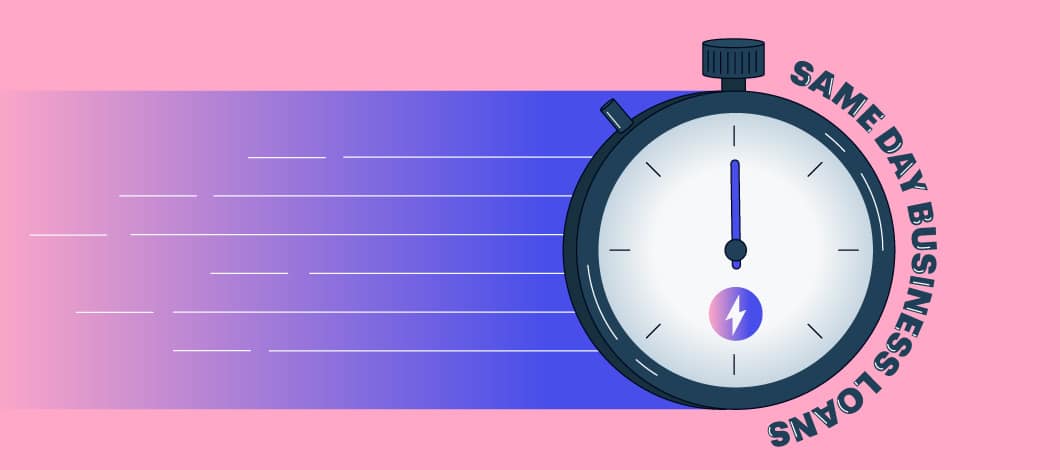 Pink and blue background with a stopwatch with a lightning bolt graphic and the words “same day business loans”