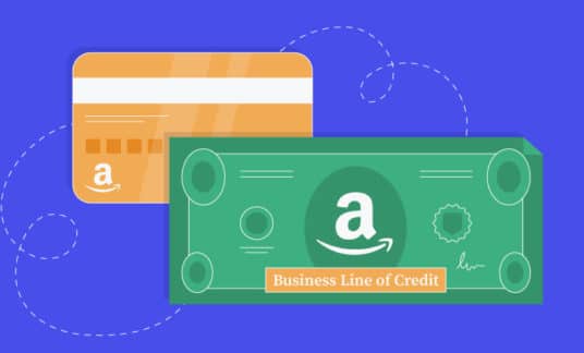 Blue background with graphics of a credit card and dollar bill; the dollar bill has the Amazon logon on it and the words “business line of credit”