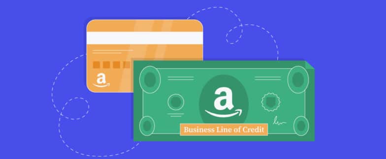 Blue background with graphics of a credit card and dollar bill; the dollar bill has the Amazon logon on it and the words “business line of credit”