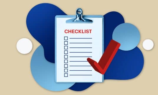 Tan background with graphic of a checklist with a red check mark and blue bubbles around