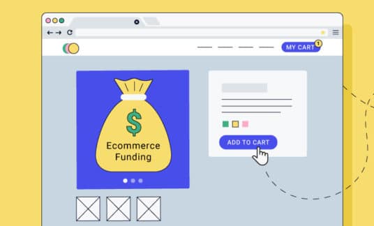Image of an online retailer webpage with a bag of money and the words “ecommerce funding” on it
