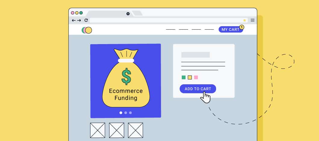Image of an online retailer webpage with a bag of money and the words “ecommerce funding” on it