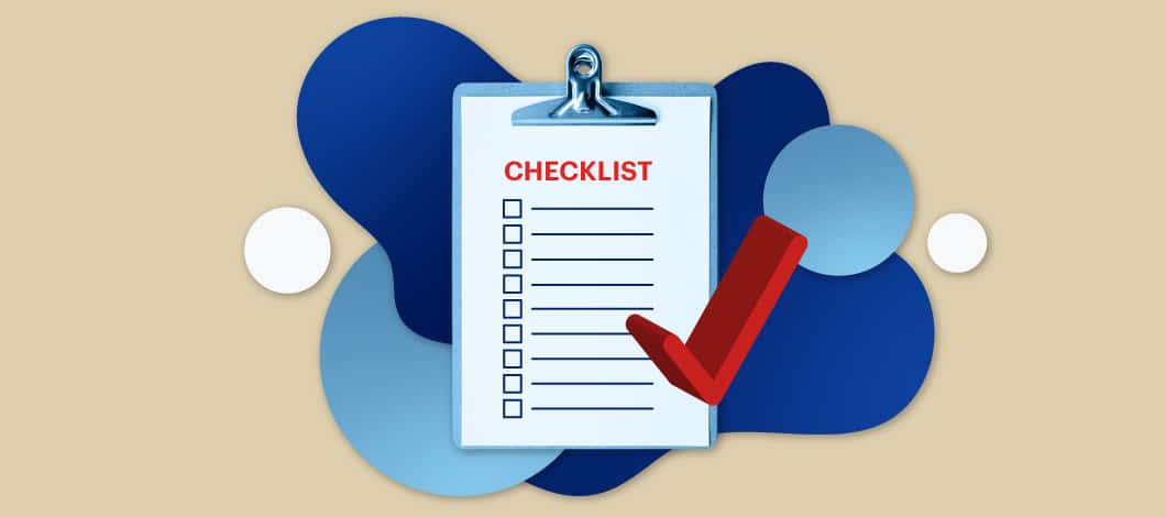 Tan background with graphic of a checklist with a red check mark and blue bubbles around