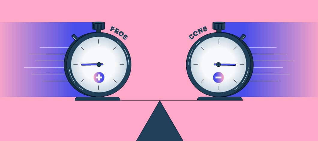 Pink and blue background with 2 stopwatches, one with the word “pros” above and another with the word “cons”