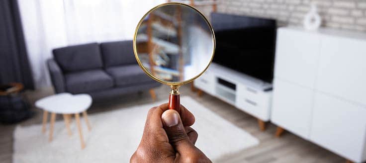 A concept photo where a person holds a magnifying glass up to an apartment's living room. Multiple independent appraisals may be commissioned to verify the value of your property.