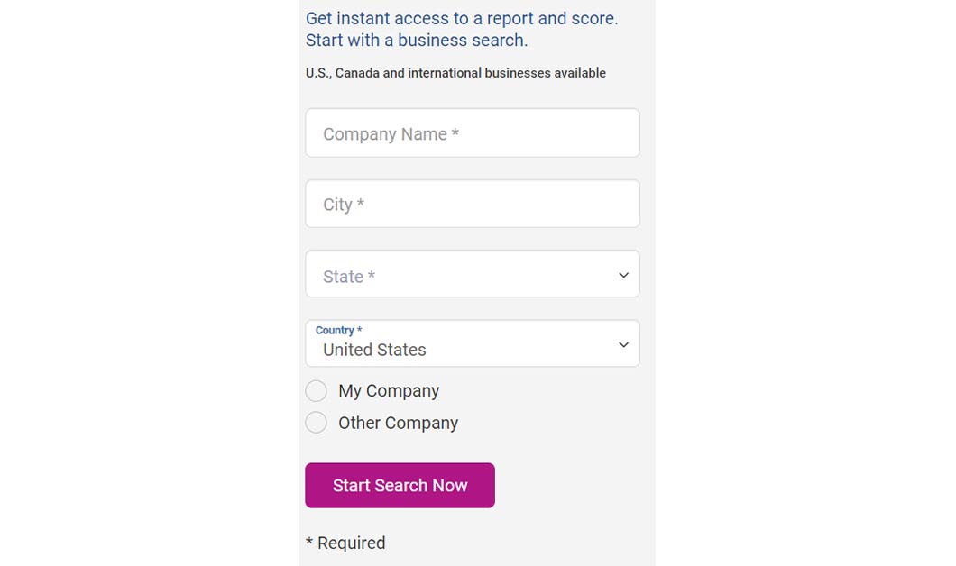 Experian online form required to be submitted in order to search for a business’s credit report