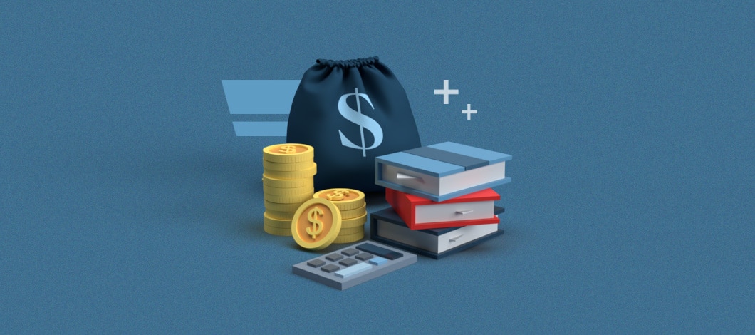 Bag of money with coins along the side, stacks of books, a calculator and addition symbols