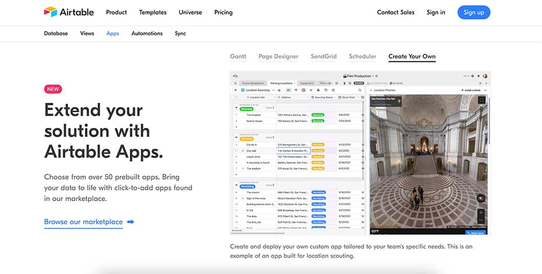 Airtable’s website showing various features available, including prebuilt apps, schedulers and page designers