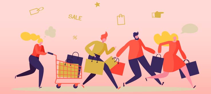 Illustration of shoppers running to purchase sale items.