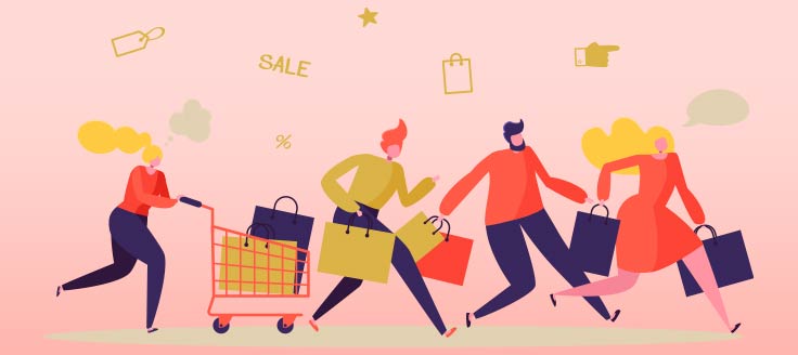 Illustration of shoppers running to purchase sale items. 