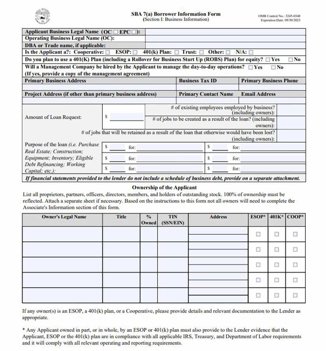SBA 7(a) borrower information form, section I, business information