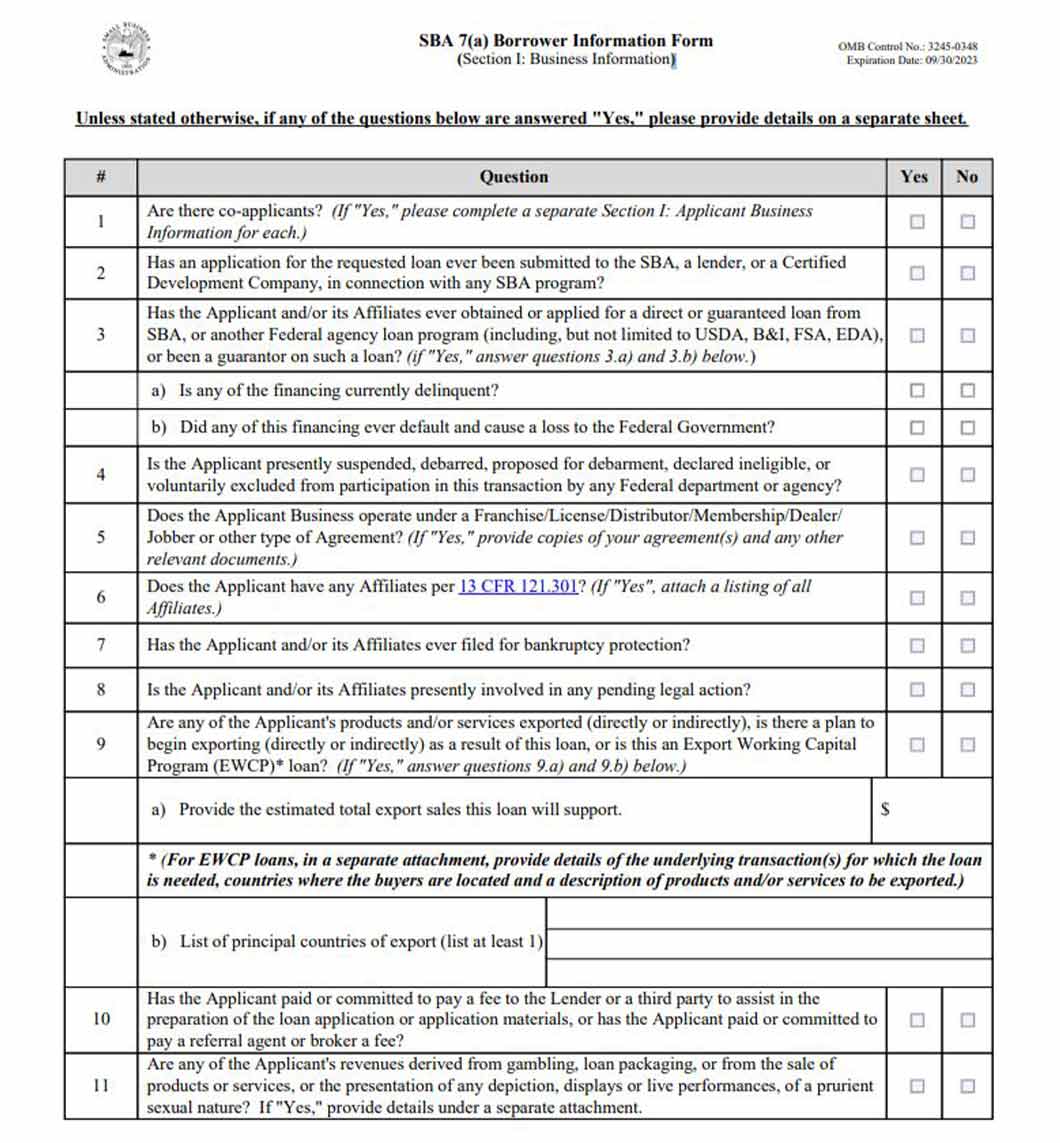 SBA 7(a) borrower information form, section I, business information