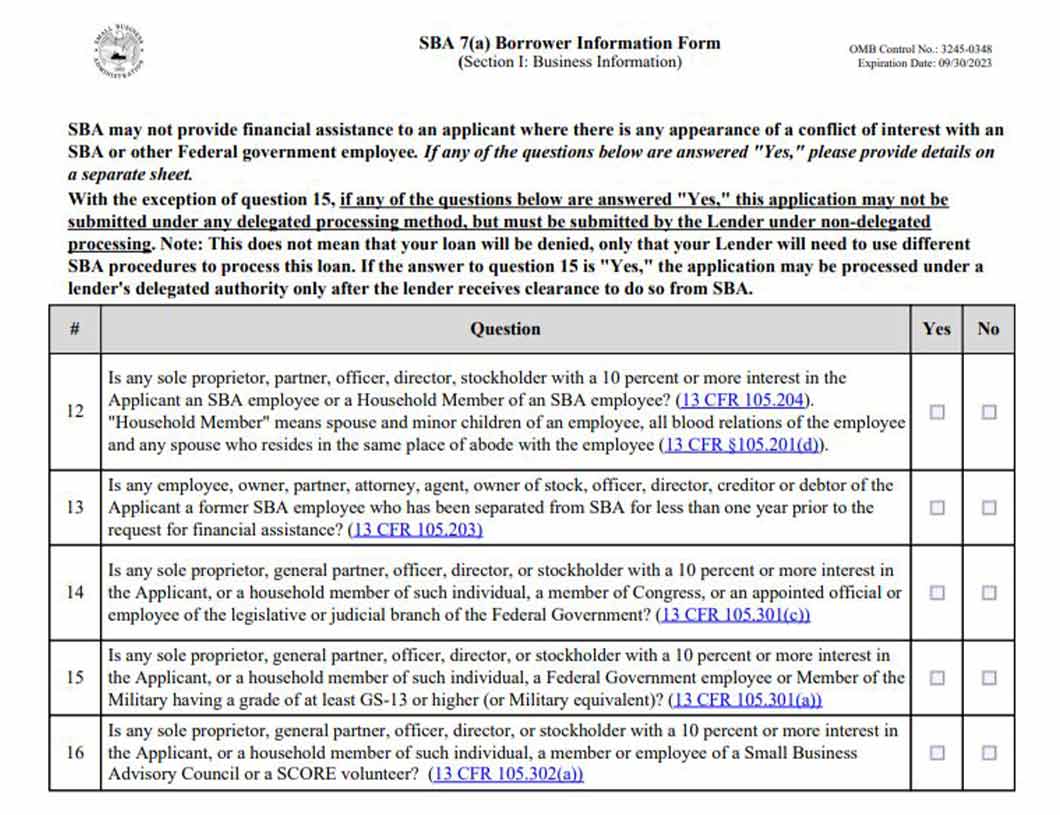 SBA 7(a) borrower information form, section I, business information