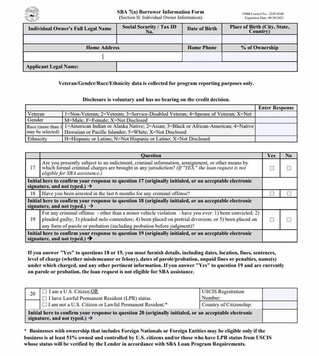 SBA 7(a) borrower information form, section II, individual owner information