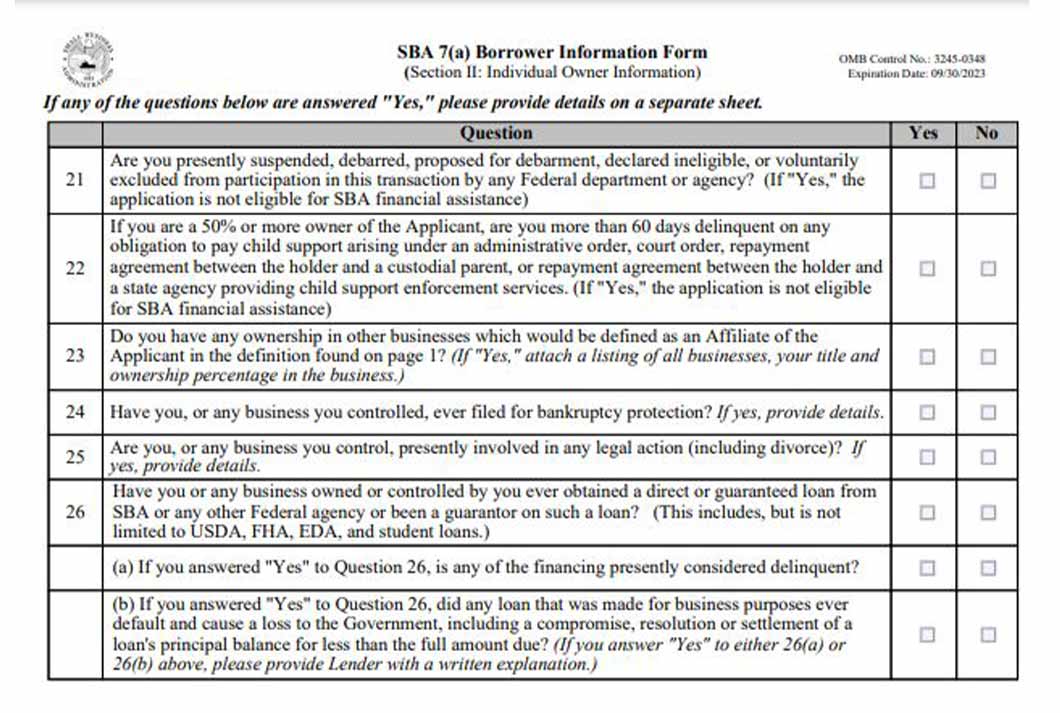 SBA 7(a) borrower information form, section II, individual owner information