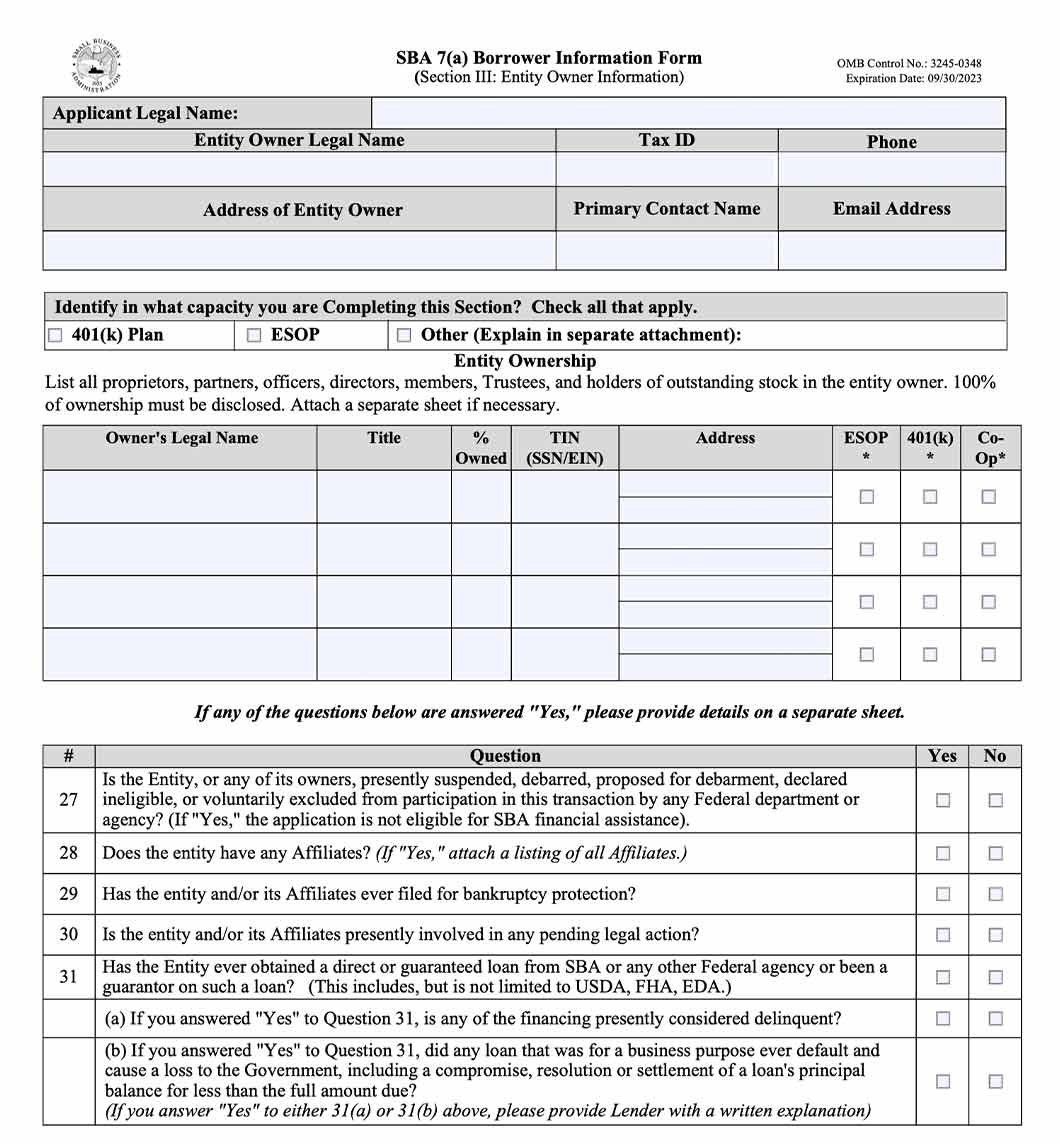 SBA 7(a) borrower information form, section III, entity owner information