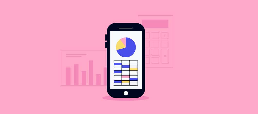 Pink background with a mobile device showing a pie chart and bar chart on the screen