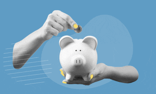 Image of a hand placing a coin in a piggy bank with the words “down payment” beside
