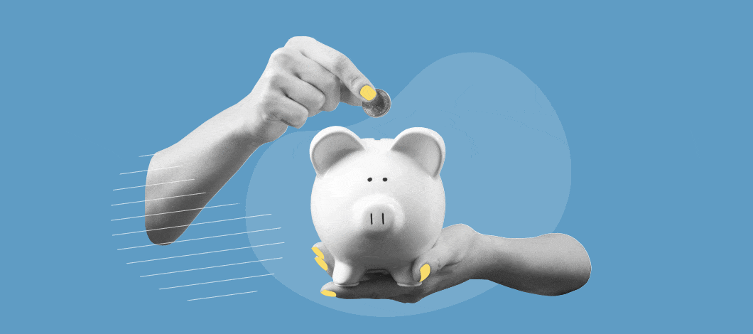 Image of a hand placing a coin in a piggy bank with the words “down payment” beside