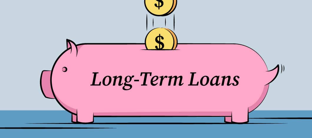 Graphic of a stretched-out piggy bank with coins being dropped into it and the words “long-term loans” along the side