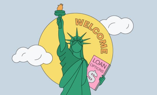 Graphic illustration of the Statue of Liberty holding a book labeled Loan Options with a dollar sign on it and the word "Welcome" above