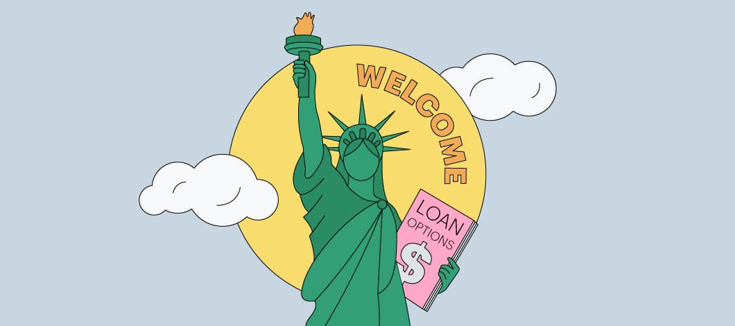 Graphic illustration of the Statue of Liberty holding a book labeled Loan Options with a dollar sign on it and the word "Welcome" above