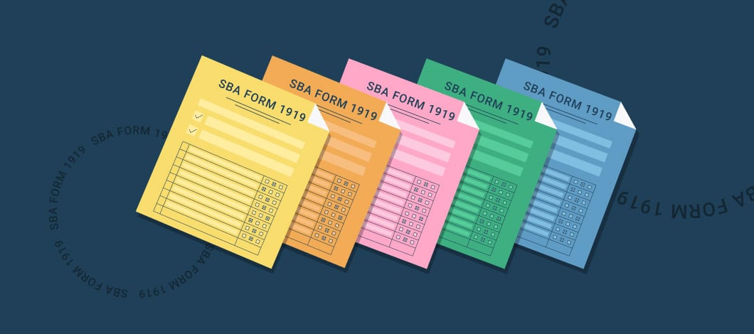 Five different colored SBA form 1919 documents lined up one on top of the other