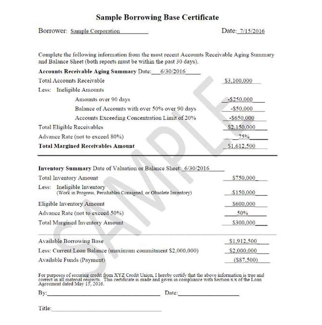 Completed example of a borrowing base certificate