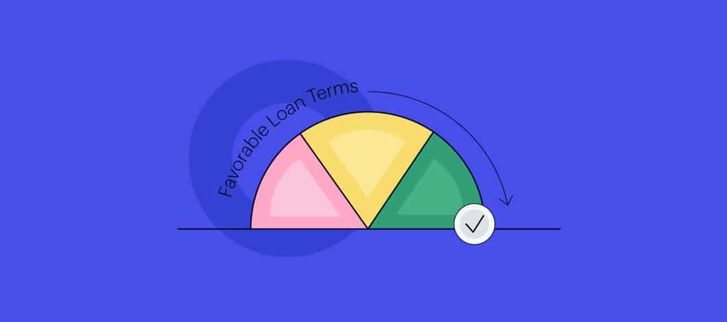 Blue background with an image of a colorful speedometer with the words "Favorable Loan Terms" above and an arrow moving from left to right