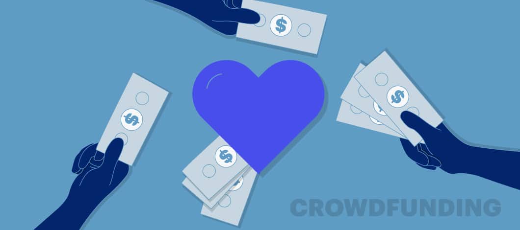Several hands holding dollar bills with a blue heart in the center