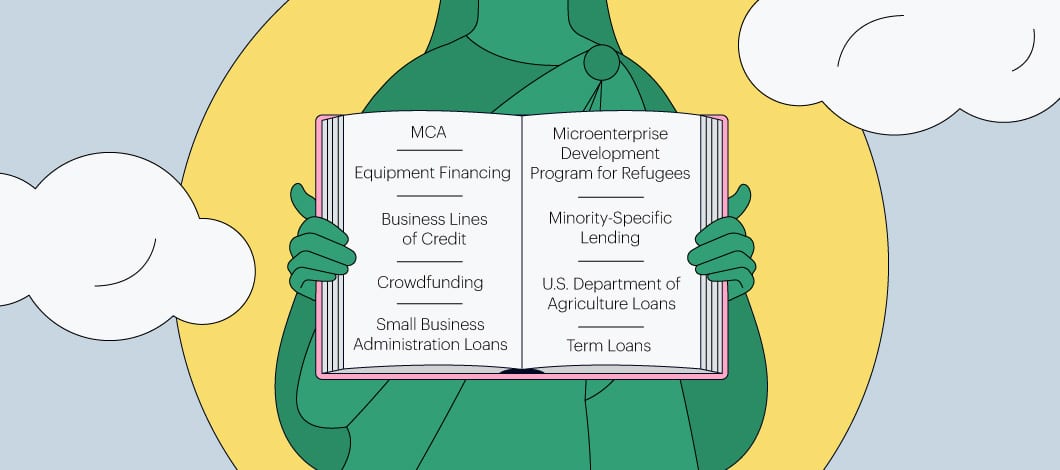 Statue of Liberty holding an open book with various financing options listed