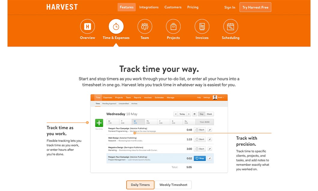 Harvest’s time-tracking app showing daily timers and weekly timesheets