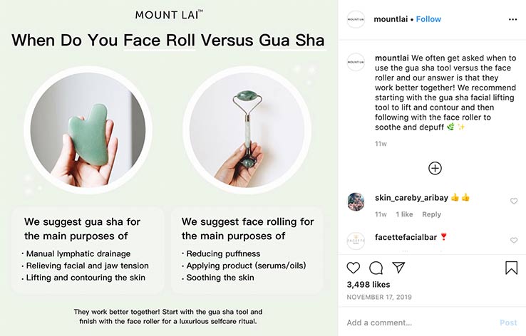 An Instagram post from beauty brand Mount Lai. It competes with Amazon by presenting itself as an expert in its niche market.