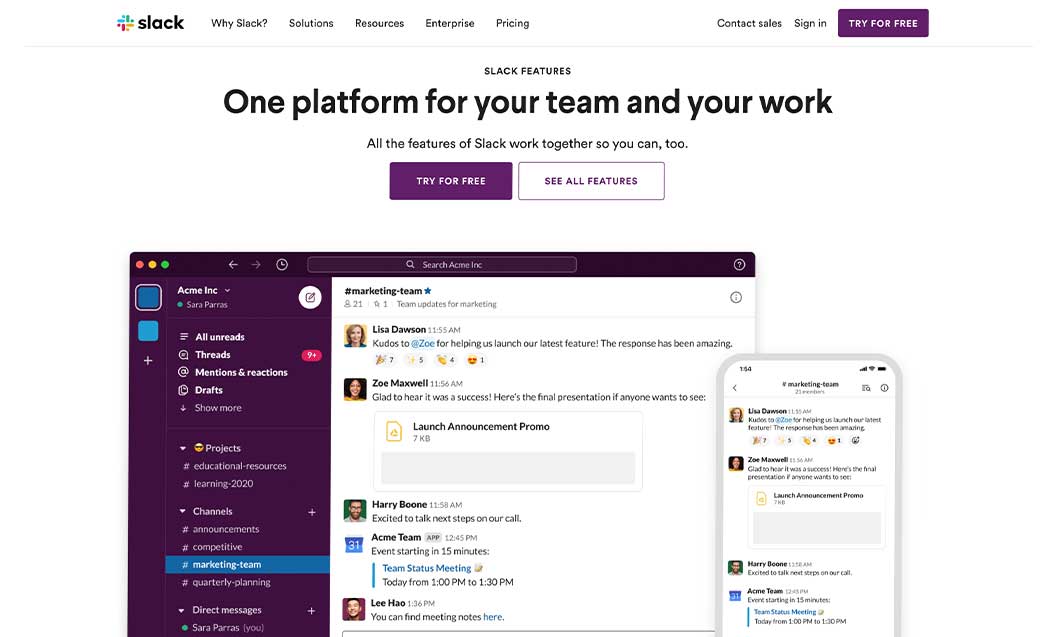 Slack’s homepage showing how the app and conversation thread appears on desktop and mobile