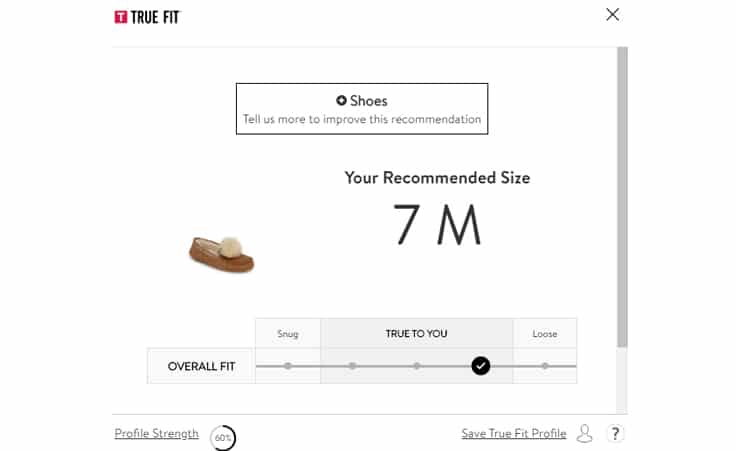 Based on information the customer shared, the Nordstrom website recommends what shoe size the customer should buy.