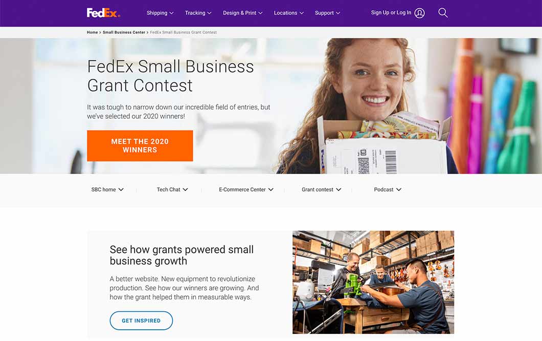 FedEx Small Business Grant Contest website homepage, showing an image of a woman